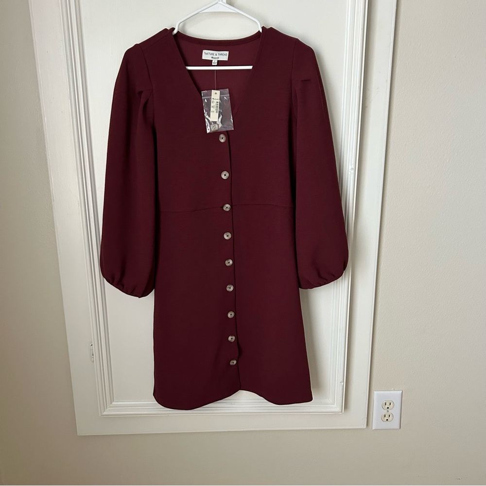NWT Madewell Texture and Thread V-Neck Burgundy Long Sleeve Dress Small S